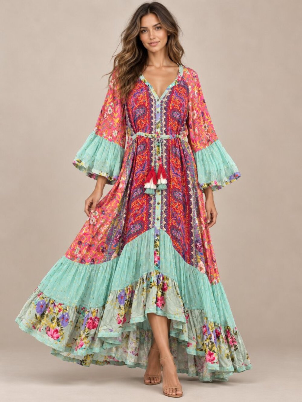 Aratta Silent Journey Harper Beauty Maxi Dress L Boho Floral Bell Sleeve